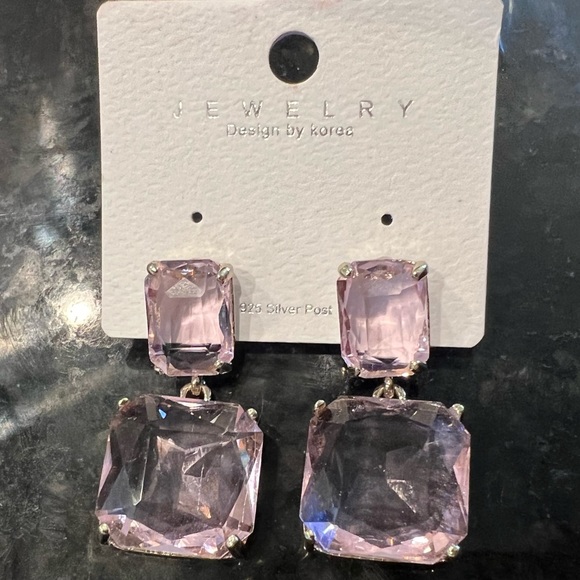 925 Sterling Silver double square Gold & Baby Pink crystal dangle drop earrings - Picture 3 of 6